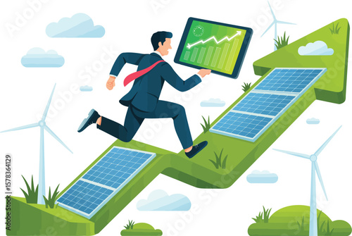 Businessman running up green arrow with solar panels and wind turbines displaying financial growth ai generated vector design