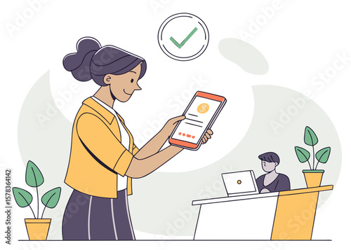 Woman using mobile phone with dollar symbol and check mark isolated on white background