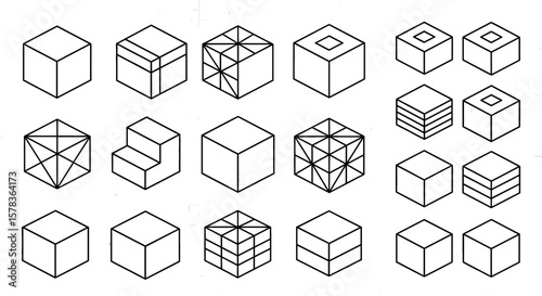Isometric cubes drawn with geometric lines. Abstract shapes, technical drawing, 3D rendering, modern design.