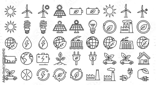 A set of ecological line icons showcasing sustainable energy sources, representing clean technology and environmental conservation efforts