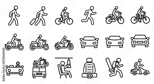 Icons display pedestrians, vehicles and seating. Transportation icons, road safety, traffic, mobility, travel modes.