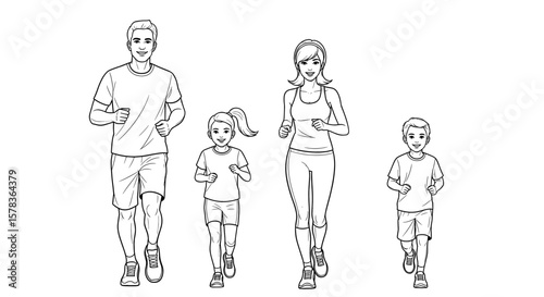 Family jogs together on a morning run outdoors. Healthy lifestyle, fitness, exercise, family time, parent child activity.