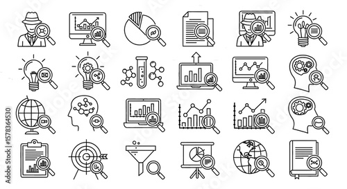 Icons of data analysis and research investigation. Set of outline icons for business analytics, scientific research, and data discovery.