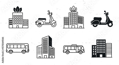 Cityscape features various modes of transport and buildings. Urban environment, city life, public transportation, architecture
