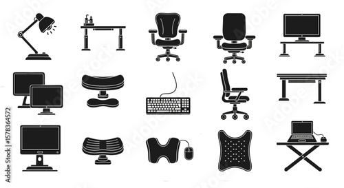 Ergonomic office equipment silhouettes in vector style. Workspace design, remote work, comfort, support.