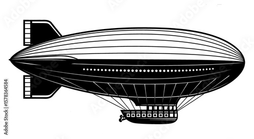 Vintage airship flies across sky. Retro transportation, air travel, zeppelin, dirigible, blimp.