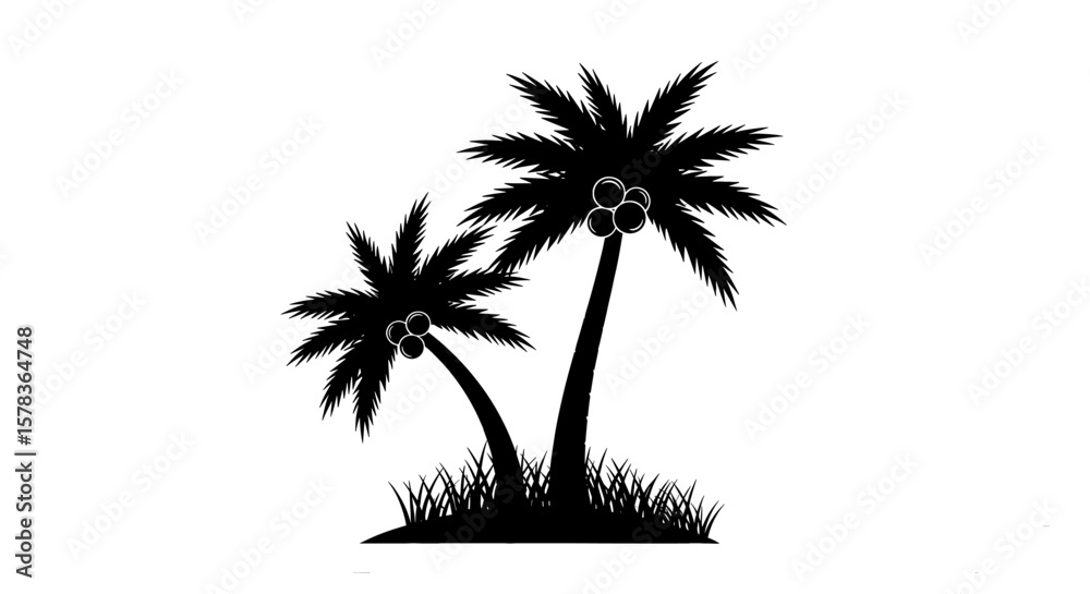 Obraz premium Palm trees silhouette with coconuts and grass. Tropical summer, nature, paradise, vacation.