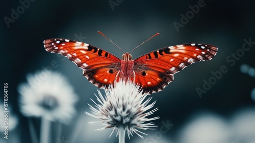 Close-up of a vibrant red and white butterfly perched on a flower