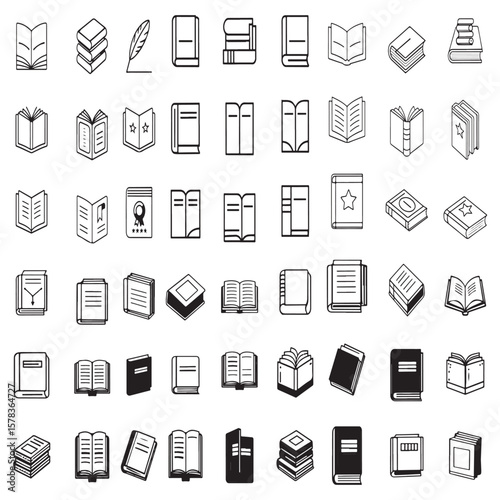 Book line  new icons set. Open brochure,open book,magazine, literature,Library, Reading, Study,Note,dictionary, audiobook, learning, encyclopedia education, information reference vector illustration.