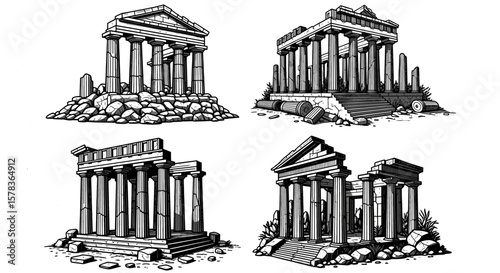 Ancient ruins are depicted in line drawings. Architectural heritage, historic buildings, classical architecture, archaeology, landmark.