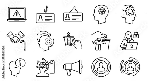 Set of line icons representing different themes and concepts. Includes identity theft, phishing, brain manipulation, hacking, and security awareness.