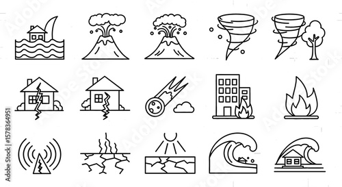 Disaster icons showcasing natural catastrophes and hazards, representing potential risks and environmental impacts