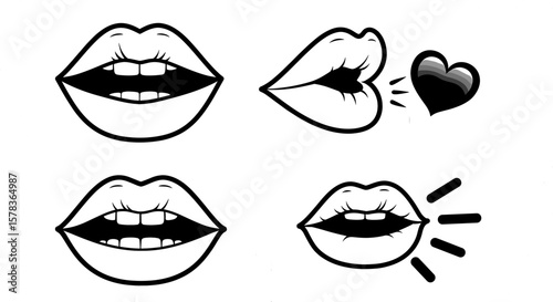 Open mouth expressions are shown with talking and love. Cartoon lips, vocal expressions, love and communication, speaking, conversation