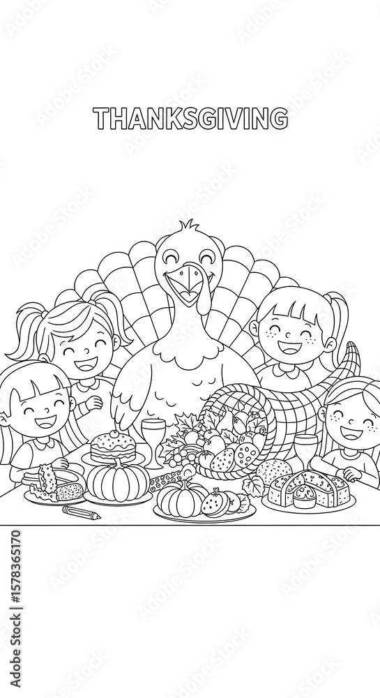 Obraz premium Happy children celebrating thanksgiving with a turkey and feast isolated on transparent background