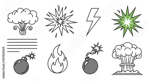 Collection of explosive icons representing different types of blasts. Comic book sound effects, explosion graphic elements, flash symbol.