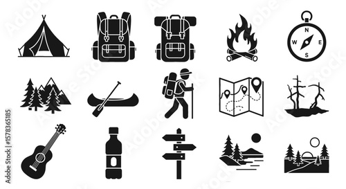 Outdoor adventure icons depicting camping and hiking, symbolizing nature exploration and recreational activities, representing freedom and escape