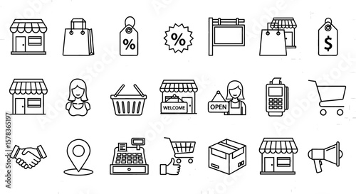 Collection of line drawing icons represents shopping and retail. Various commercial symbols, business, sales, commerce, and consumerism