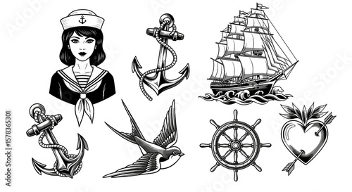 Nautical themed tattoo flash sheet with sailor girl, ship, and anchors. Retro imagery, sailor tattoos, traditional designs, marine theme, vintage style