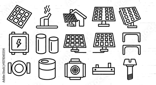 Illustration showing solar panels and other power components. Renewable energy, clean technology, sustainable resources, infrastructure elements photo