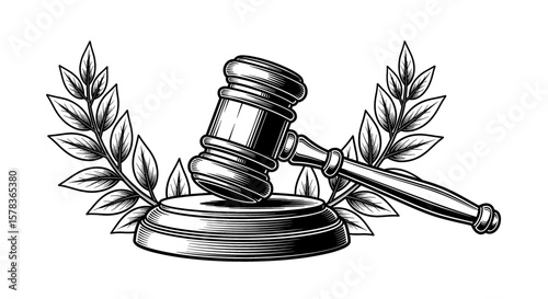 Gavel rests on stand with leafy background. Justice, law, legal, judgement, court, auction.