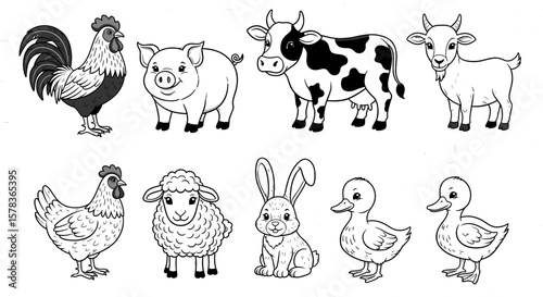 Farm animals illustration in black and white. Livestock, agriculture, countryside, rural life, farm animals