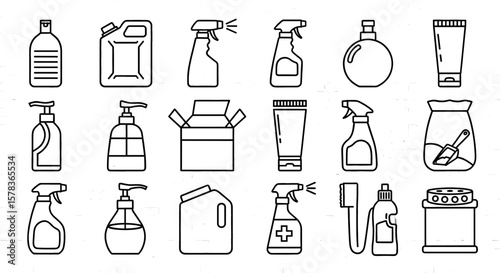 Outline set of various cleaning products. Cleaning supplies, hygiene, sanitation, household, disinfectant