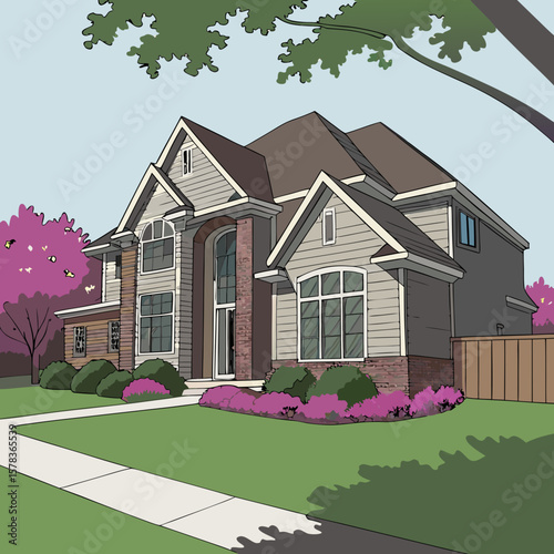 a house with a driveway and trees