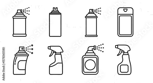 Line drawings of spray cans and bottles on transparent background. Chemical spray, aerosols, cleaning products, disinfection.