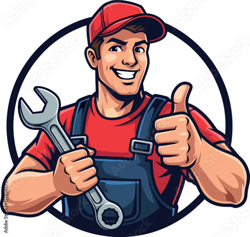 Mechanic Mascot with Wrench Giving Thumbs Up - Repair Service Logo.