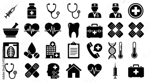 Set of medical icons in black and white. Health care symbols, medicine, doctor, treatment, hospital, care