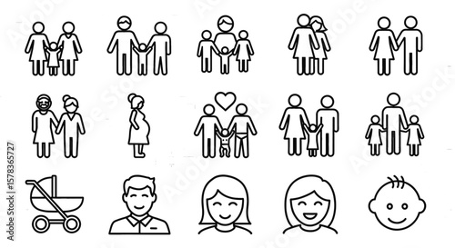 People icons depict family and relationships. Linear illustrations of couples, parents, children, and baby.