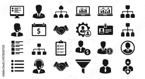 Business icons represent management and organization. Silhouette set, office teamwork, corporate structure, finance and planning.