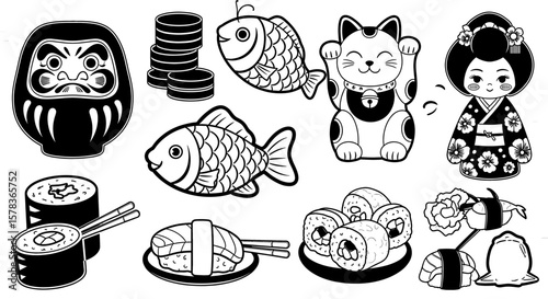Black and white line art features variety of Japanese icons. Culture, traditions, Japanese heritage, luck, food