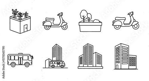 Urban elements line icons of city elements, plants, and vehicles. Cityscape design, urban planning, transportation, green living, architecture, environment, mobility.