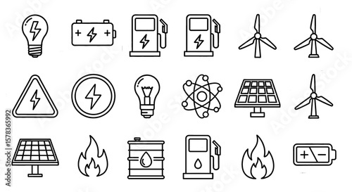 Energy resource icons depicting power sources. Renewable energy, sustainable development, electricity generation, fossil fuels.