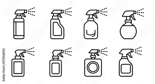 Cleaning spray bottles showcasing hygiene and disinfection, depicting cleanliness and protection from germs with various bottle shapes