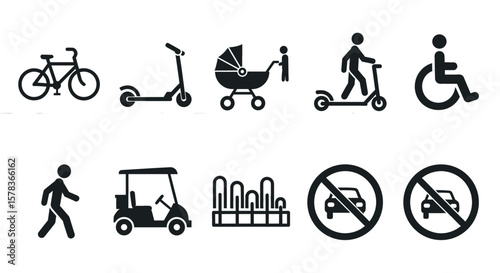 Urban accessibility icons showcasing inclusive mobility options, representing diverse transportation and universal design considerations
