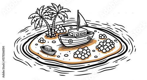 Tropical island illustration featuring palm trees and boats, highlighting vacation and leisure, representing escape and adventure