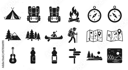 Outdoor adventure symbols showcasing camping, hiking, and exploration, representing nature, freedom, and active lifestyle in recreational pursuits