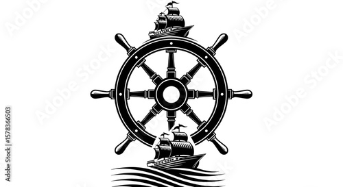 A dynamic nautical image showcasing a ship's wheel and sailing vessel, symbolizing navigation and maritime adventure with nautical heritage