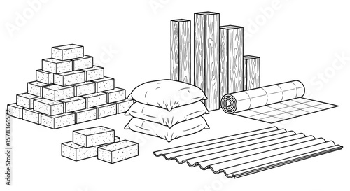 Construction material arrangement showcasing bricks, wood, and roofing, highlighting building resources and industrial supplies