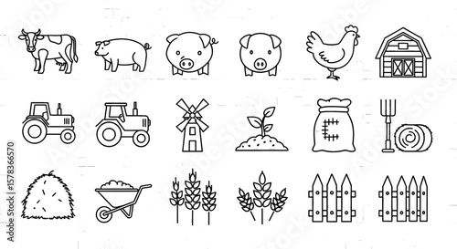 Agriculture line art depicting farm life, showcasing livestock, crops, and tools, representing rural simplicity and sustainable farming practices