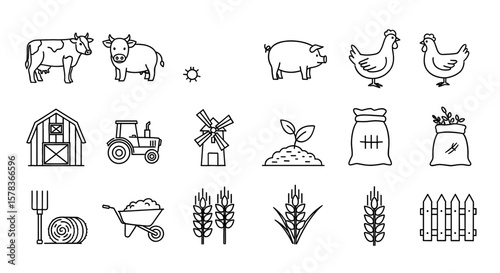 A simple outline depicting farm animals and farming elements, showcasing agriculture symbols representing rural life and sustainable farming