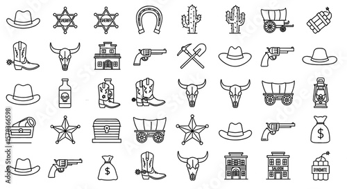 Wild west set depicting vintage outlaw elements showcasing cowboy lifestyle, symbolizing adventure, freedom and the pioneer spirit of the American frontier
