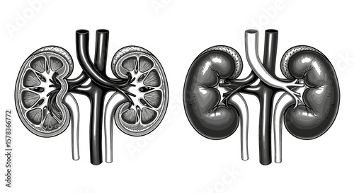 Detailed illustration showcasing human kidneys, representing renal anatomy and nephrology, emphasizing organ health and physiological function