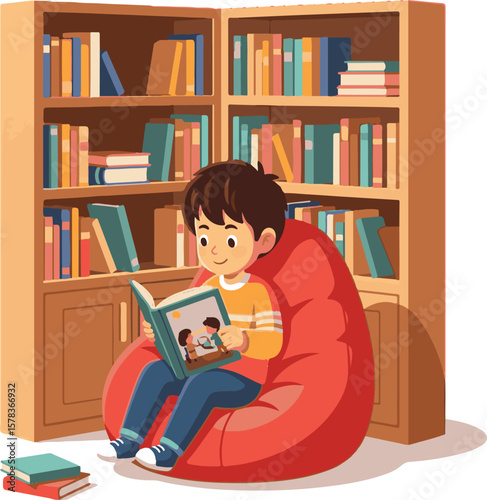 A young boy happily engrossed in reading a book, comfortably seated in a beanbag chair amidst towering bookshelves in a library.
