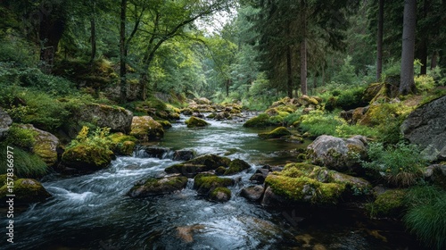 A serene flowing river surrounded by lush green trees and moss-covered rocks, showcasing the beauty of nature.