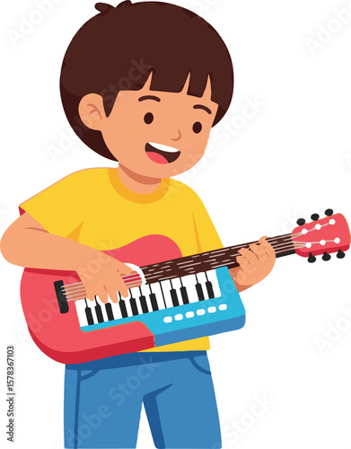 illustration little boy playing guitar