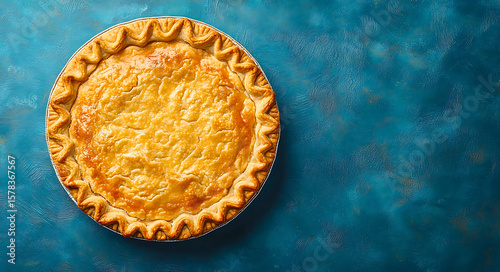 Golden brown baked pie with a crimped crust sits on a textured teal blue surface viewed from directly above