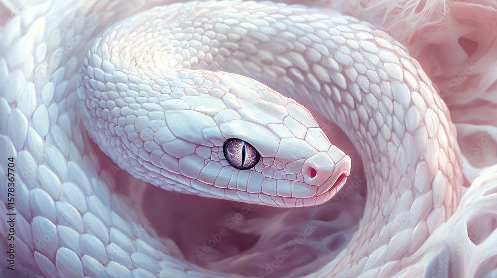 Fototapeta premium A swirling, close-up view of a pale pink and white snake